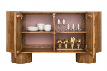 Torcino Marble and Carved Mango Wood Two Door Sideboard