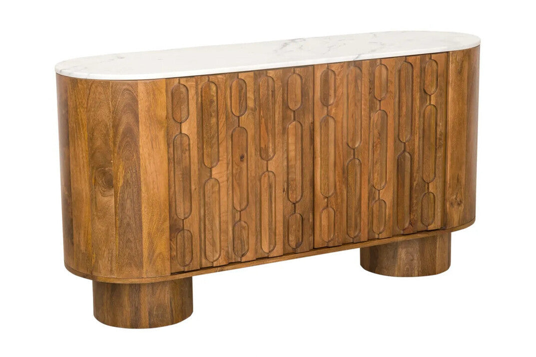 Torcino Marble and Carved Mango Wood Two Door Sideboard