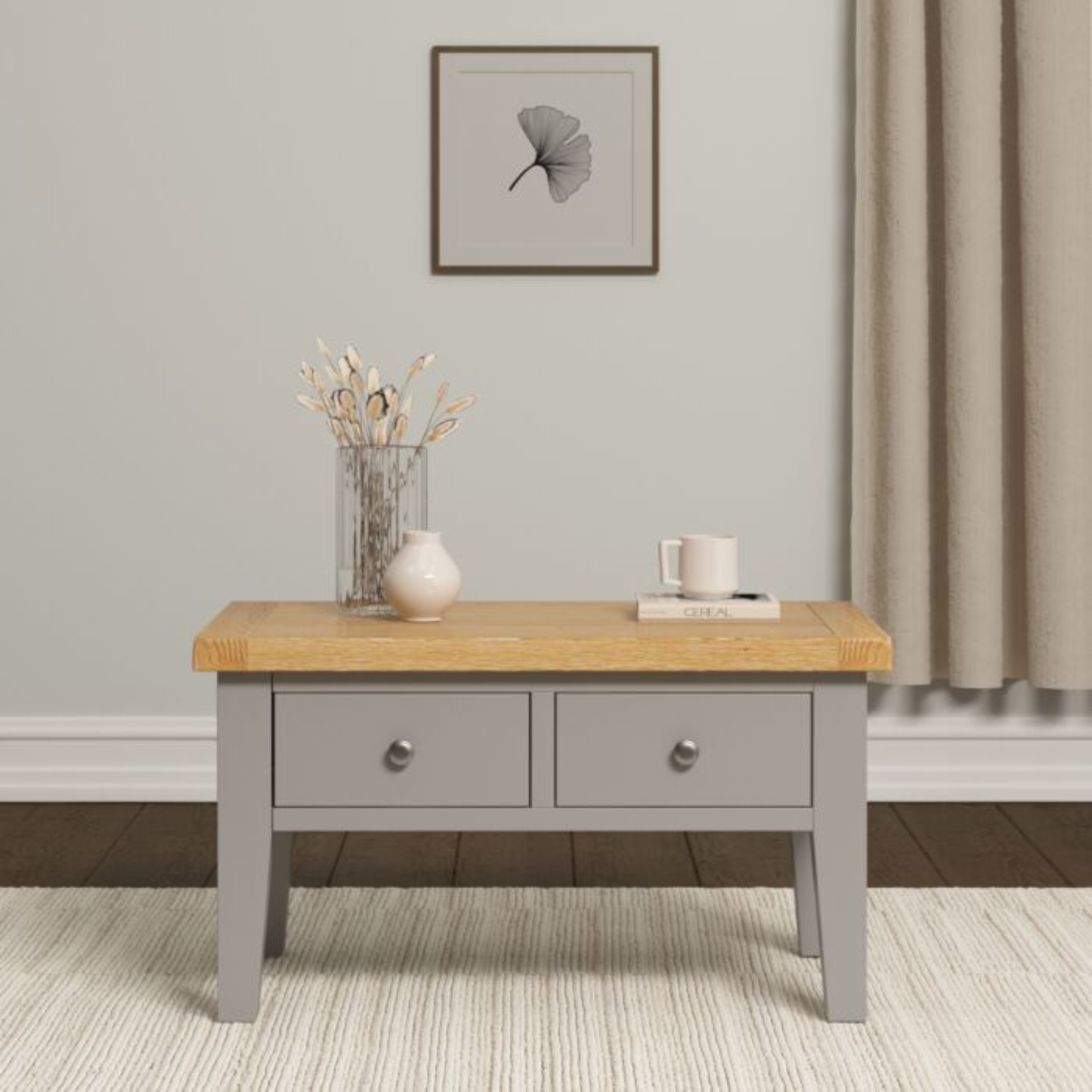 Windsor 2 Drawer Coffee Table - Pebble Grey/Oak, Classic Design