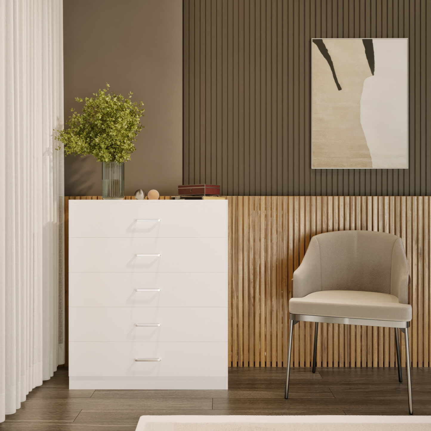 Dakota 5 Drawer Chest – White, Tall Bedroom Storage