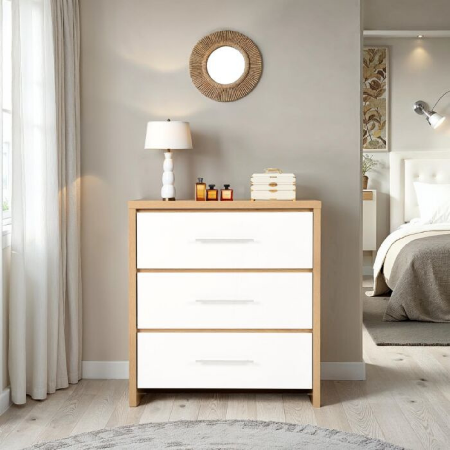 Seville 3 Drawer Chest - White Gloss/Light Oak Effect