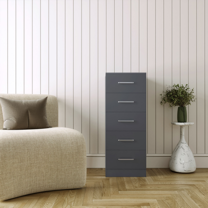 Dakota 5 Drawer Narrow Chest – Dark Grey, Compact Bedroom Storage