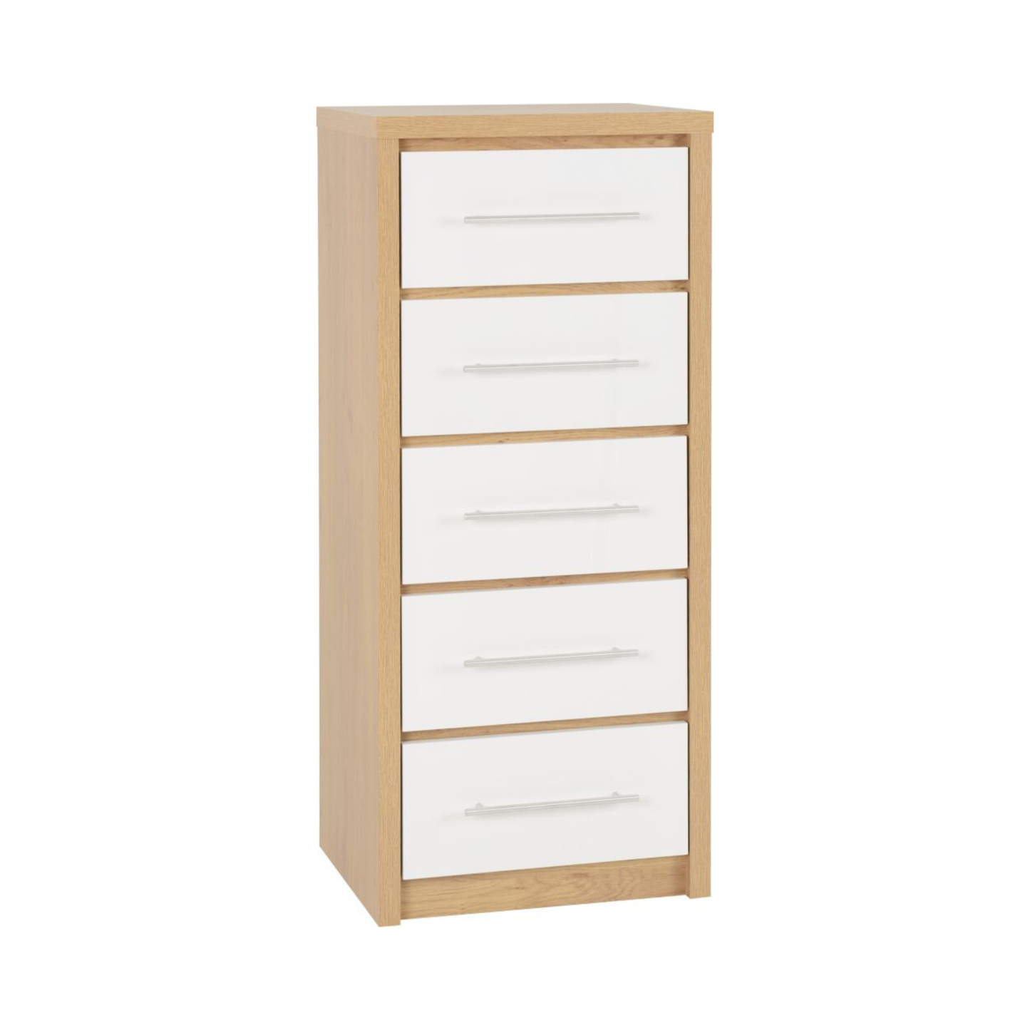 Seville 5 Drawer Narrow Chest - White Gloss/Light Oak Effect