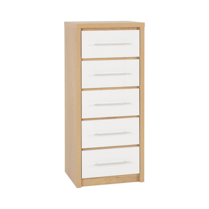 Seville 5 Drawer Narrow Chest - White Gloss/Light Oak Effect