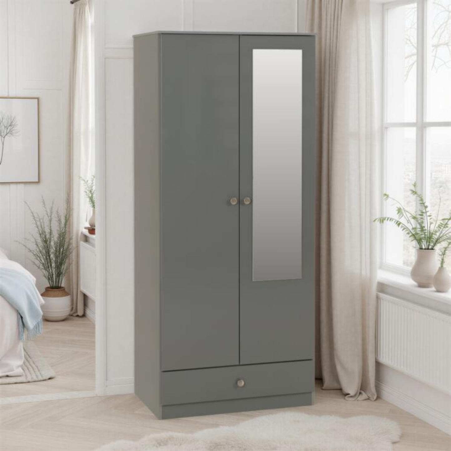 Denver 2 Door 1 Drawer Mirrored Wardrobe – Grey Gloss