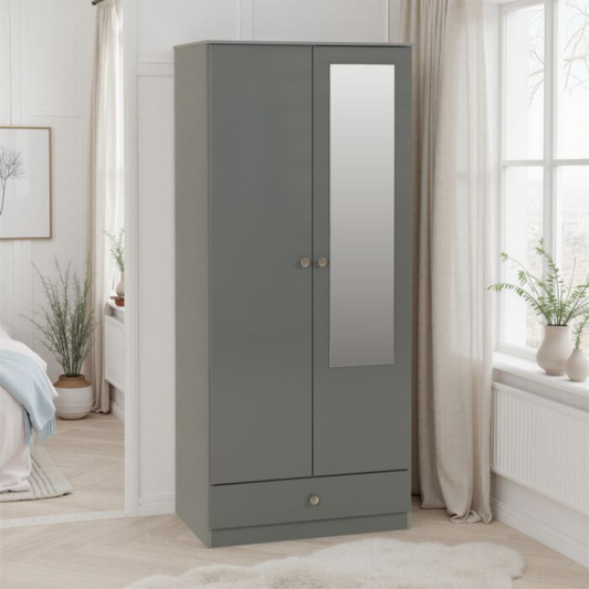 Denver 2 Door 1 Drawer Mirrored Wardrobe – Grey Gloss