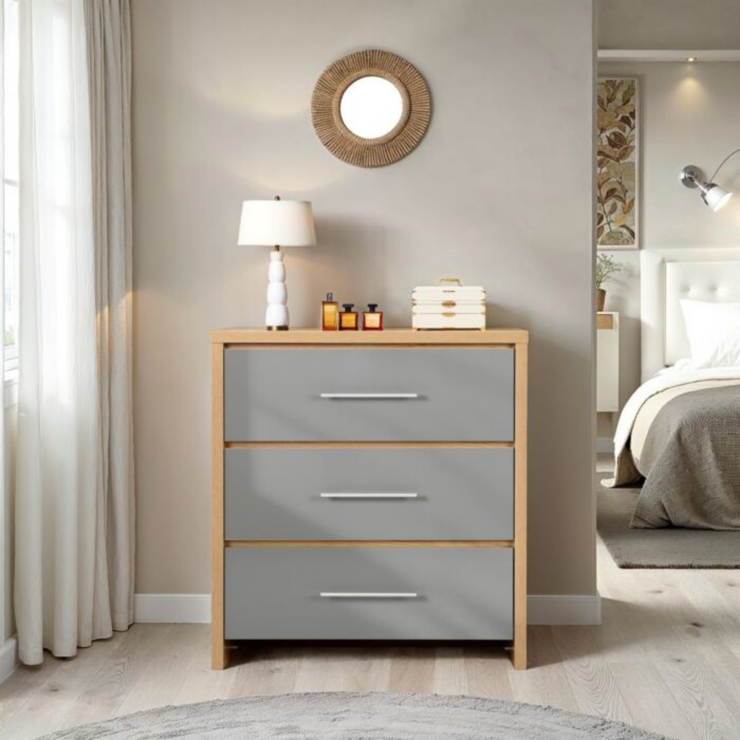 Seville 3 Drawer Chest - Grey Gloss/Light Oak Effect