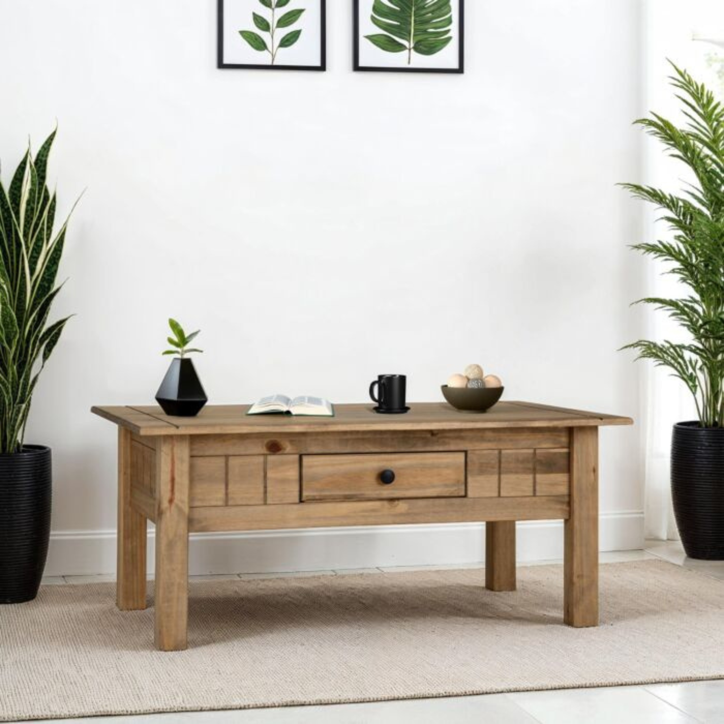 Panama 1 Drawer Coffee Table - Natural Wax, Rustic Design