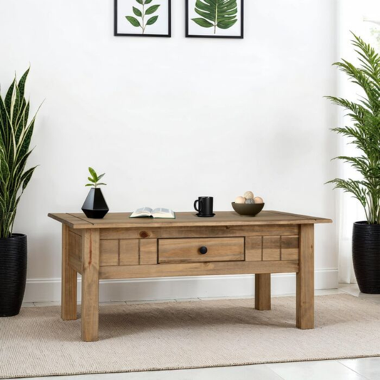 Panama 1 Drawer Coffee Table - Natural Wax, Rustic Design