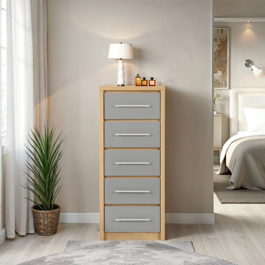 Seville 5 Drawer Narrow Chest - Grey Gloss/Light Oak Effect