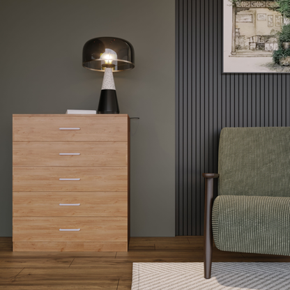 Dakota 5 Drawer Chest – Oak Effect, Tall Bedroom Storage