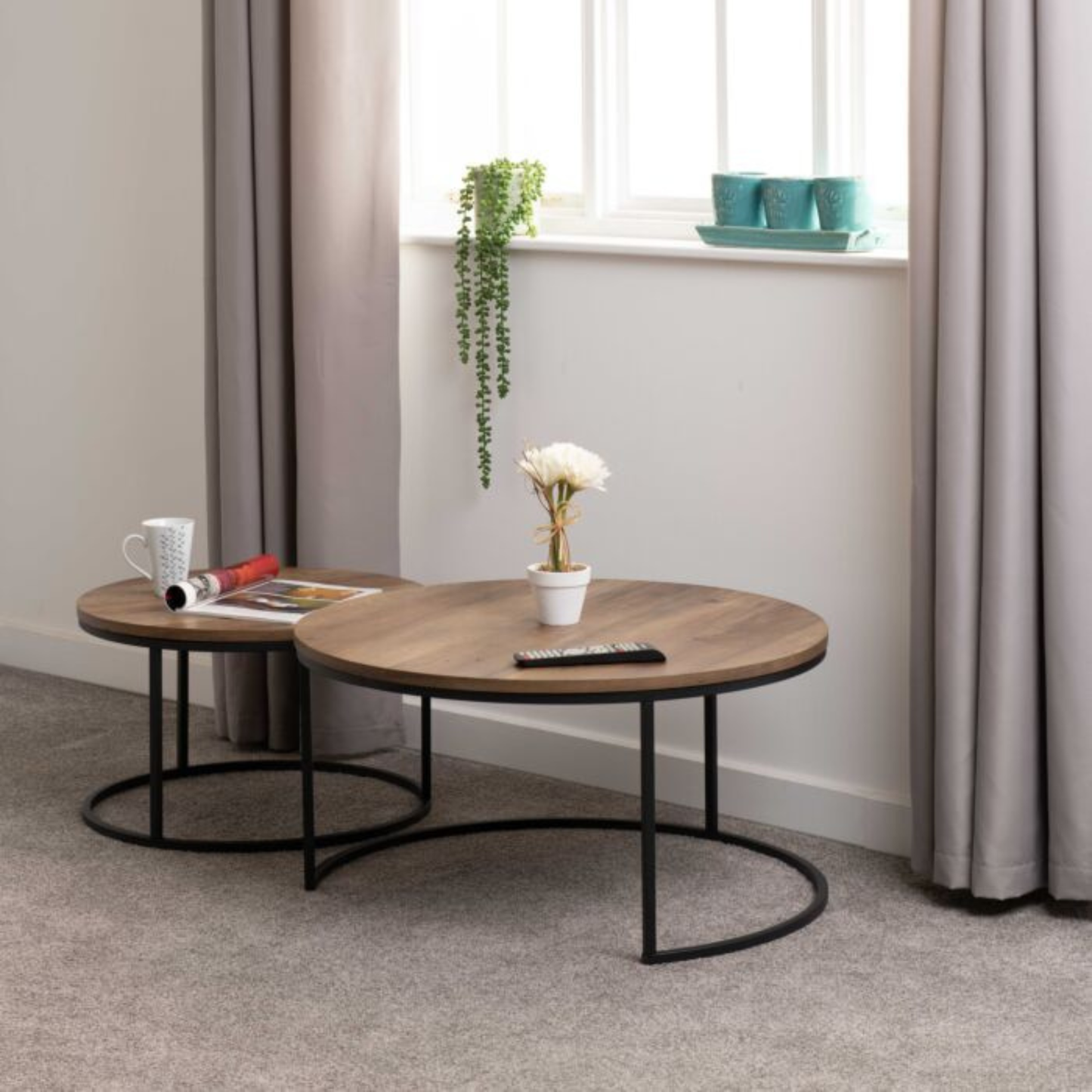 Quebec Round Coffee Table Set - Medium Oak Effect, Space-Saving Design