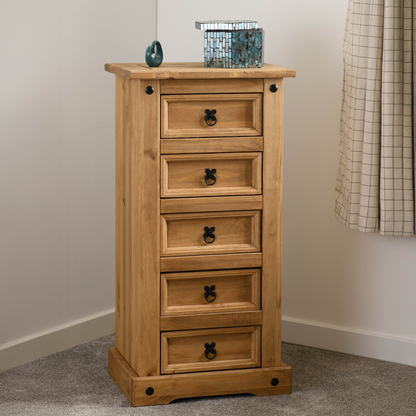 Corona 5 Drawer Narrow Chest – Distressed Waxed Pine, Space-Saving Storage