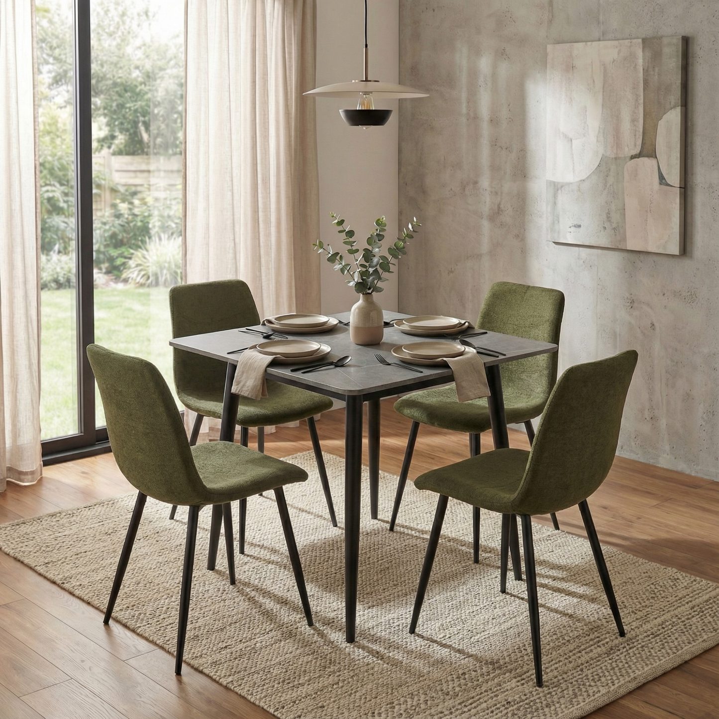 Nova Sintered Stone Dining Table 70x70cm – Grey Marble, Black Steel Legs
