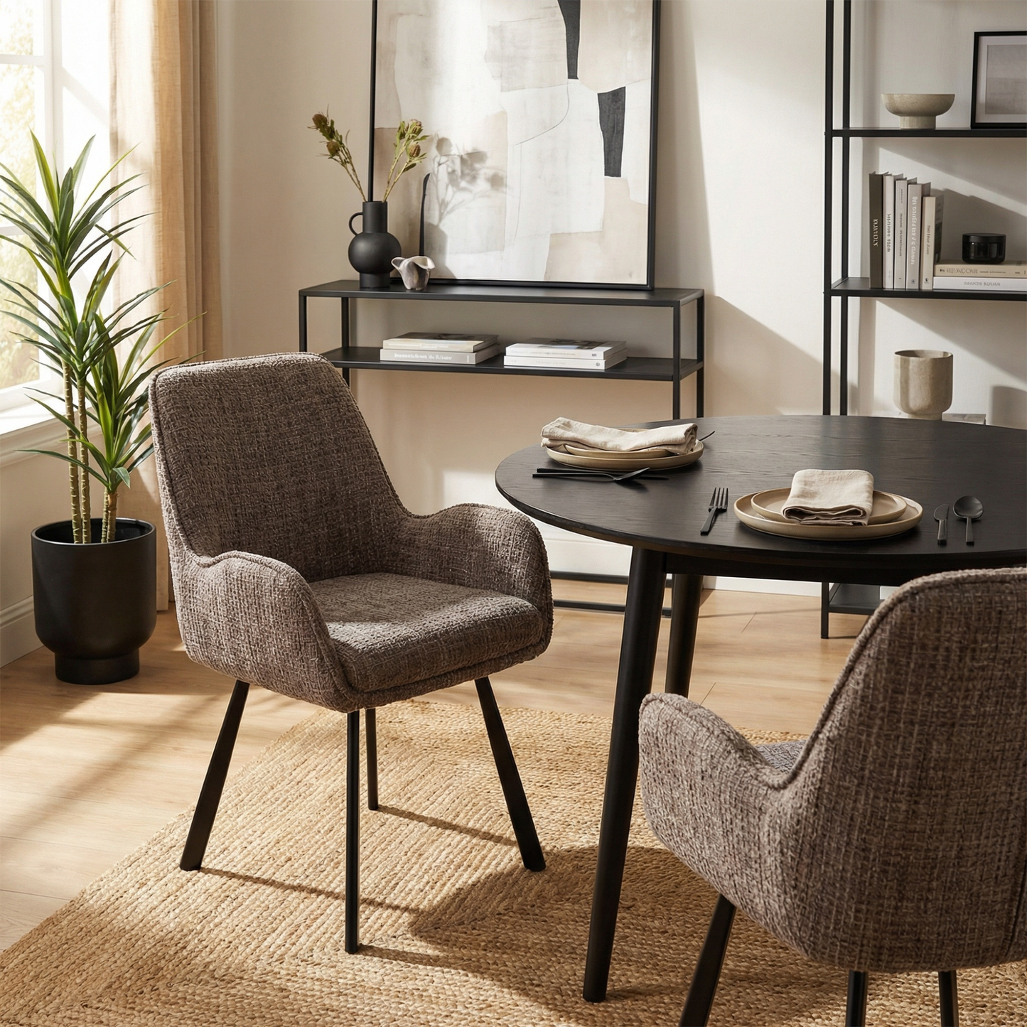 Amelia Pack of 2 Swivel Dining Chairs – Brown Chenille Fabric
