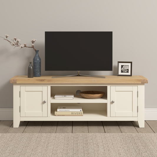 Windsor Straight TV Unit - Ivory/Oak - Hardwood & Plywood