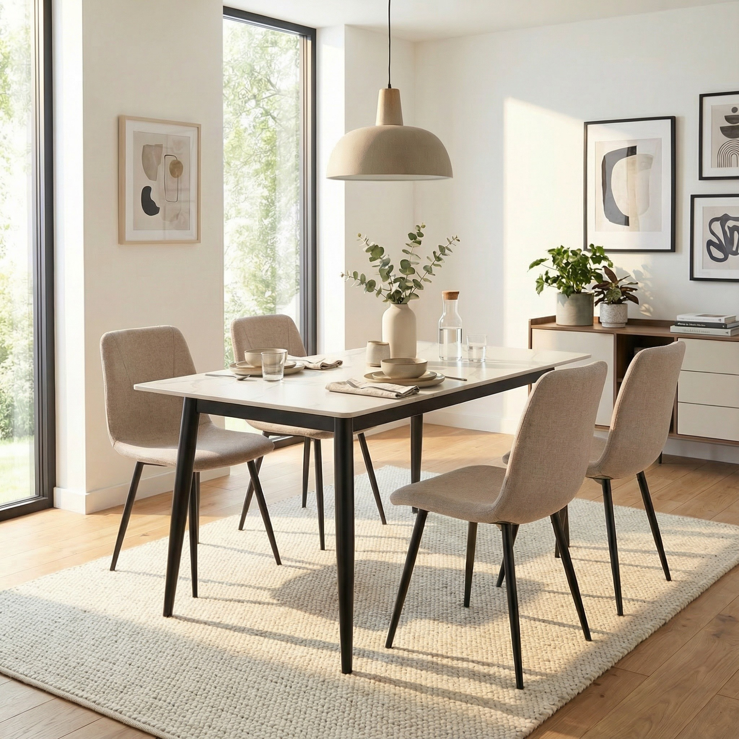 Nova Sintered Stone Dining Table 110x60cm – Cream Marble, Black Steel Legs