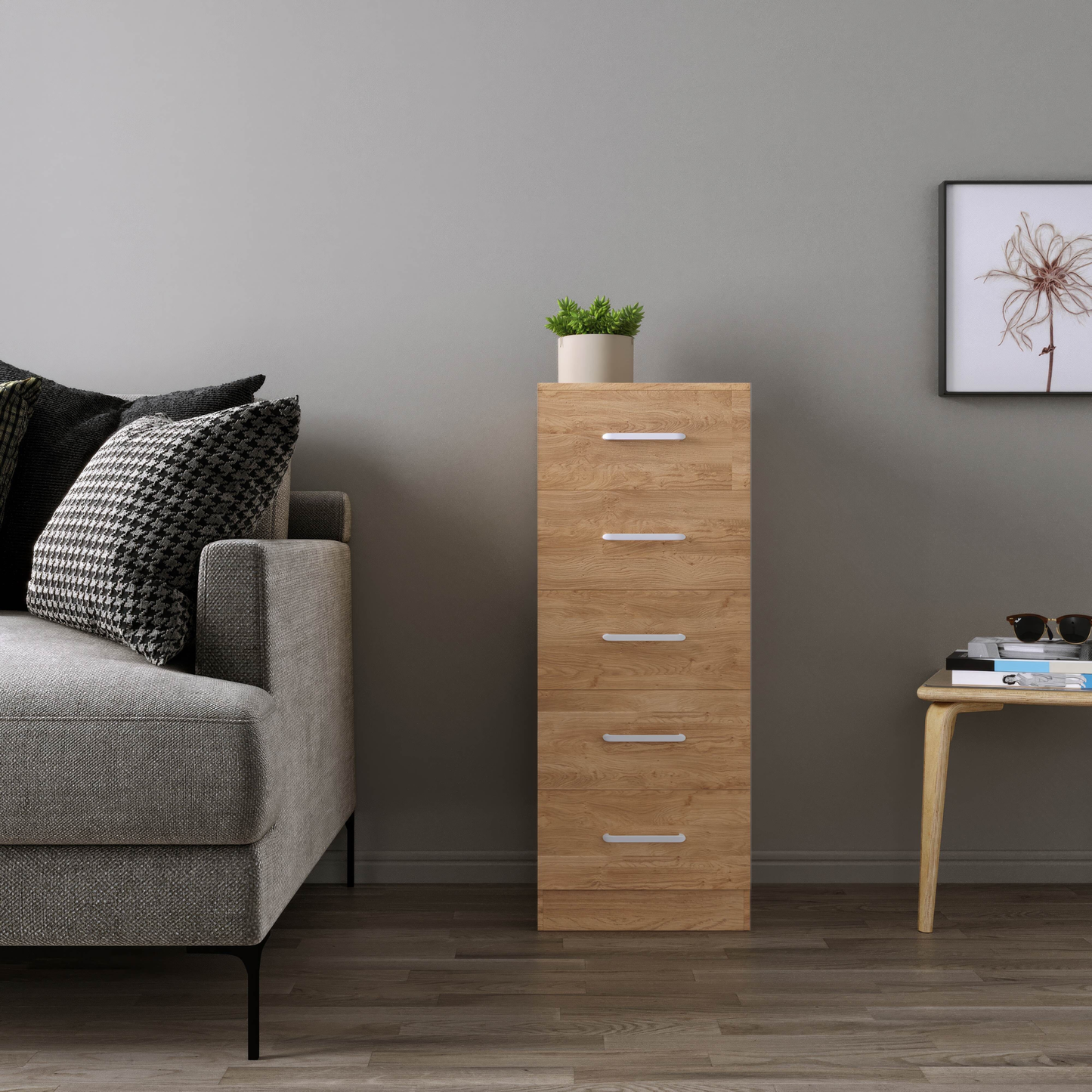 Dakota 5 Drawer Narrow Chest – Oak Effect, Compact Bedroom Storage