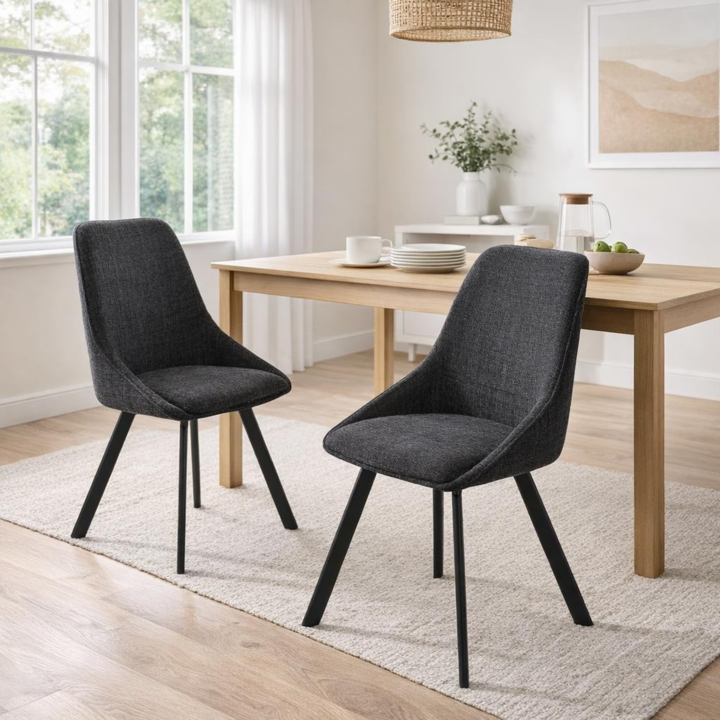 Myla Pack of 2 Swivel Dining Chairs – Black Chenille Fabric
