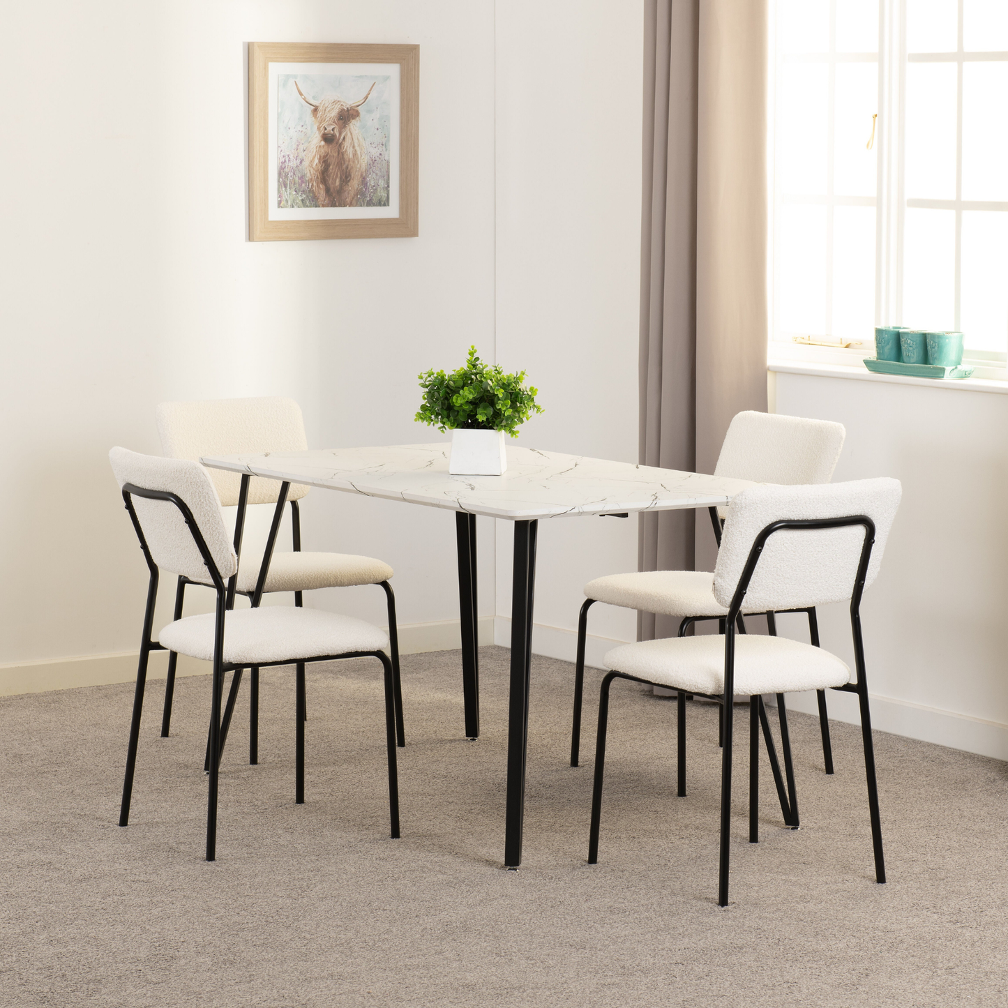 Marlow & Sheldon Dining Set 4 Chairs White Marble/Ivory Boucle