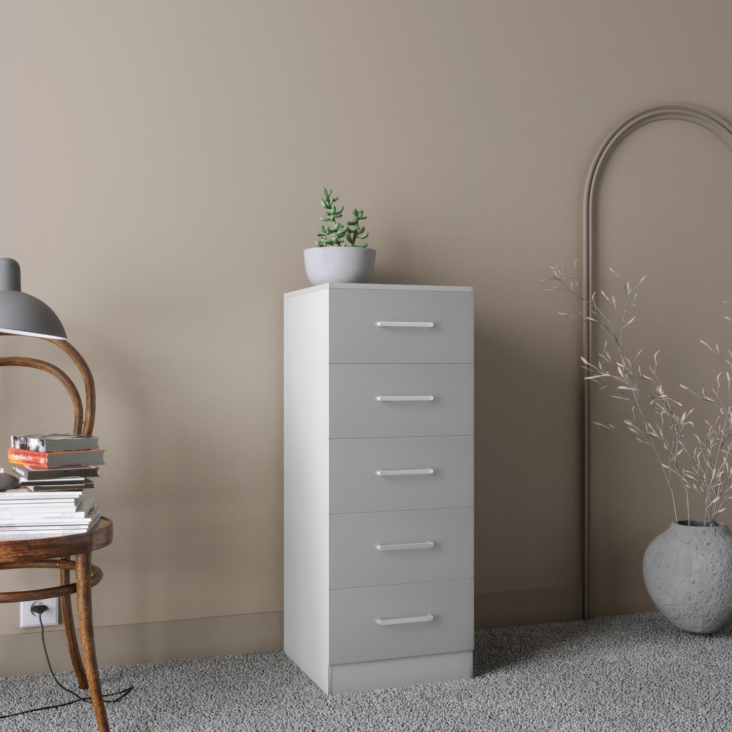 Dakota 5 Drawer Narrow Chest – Light Grey, Compact Bedroom Storage