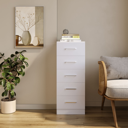 Dakota 5 Drawer Narrow Chest – White, Space-Saving Bedroom Storage