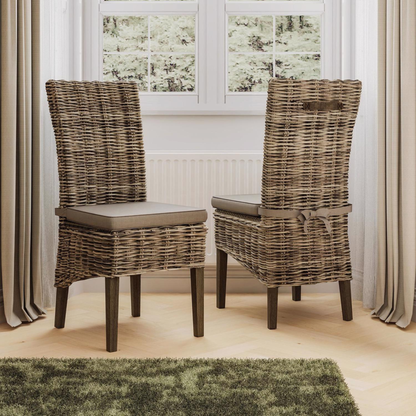 Maya Pair of Handmade Kubu Rattan Grey Wash Dining Chairs – Dark Legs