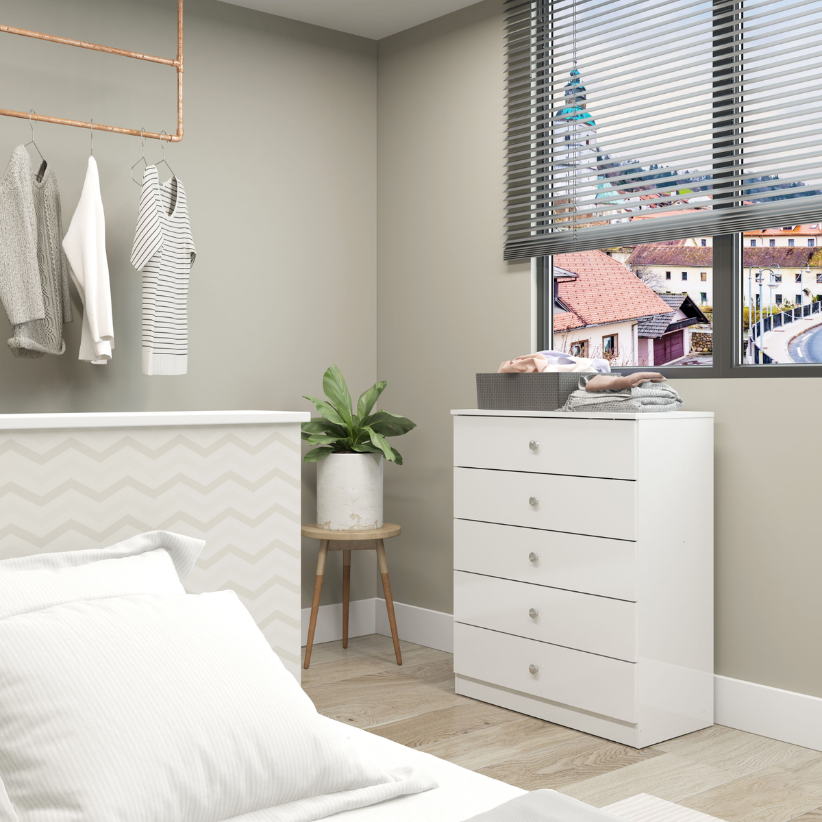 Denver 5 Drawer Chest – White Gloss, Modern Bedroom Storage