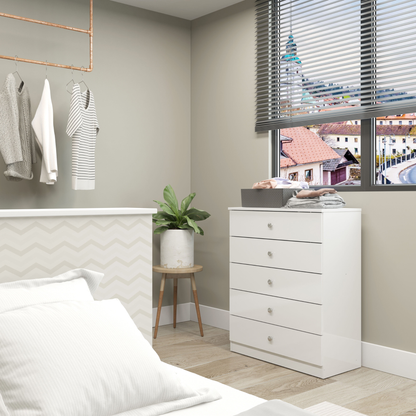 Denver 5 Drawer Chest – White Gloss, Modern Bedroom Storage