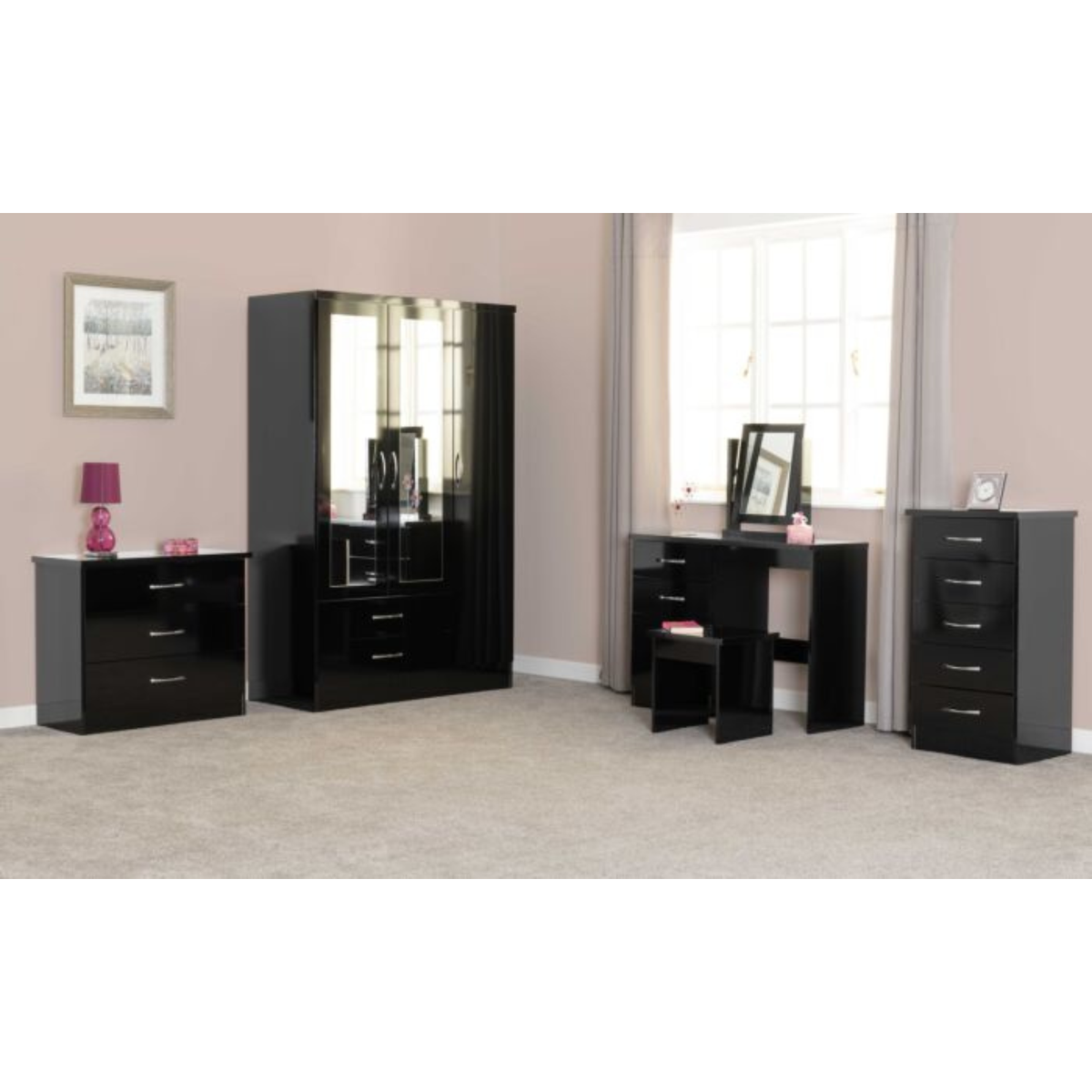 Nevada 3-Door 2-Drawer Wardrobe with Mirror – Black Gloss