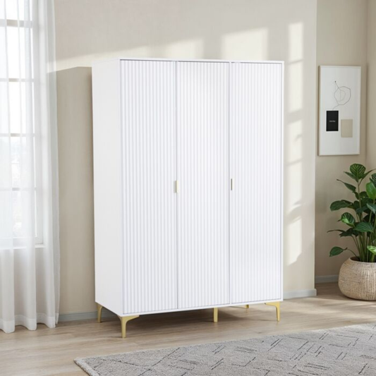 Miami 3 Door Wardrobe – White & Gold, Dual Storage