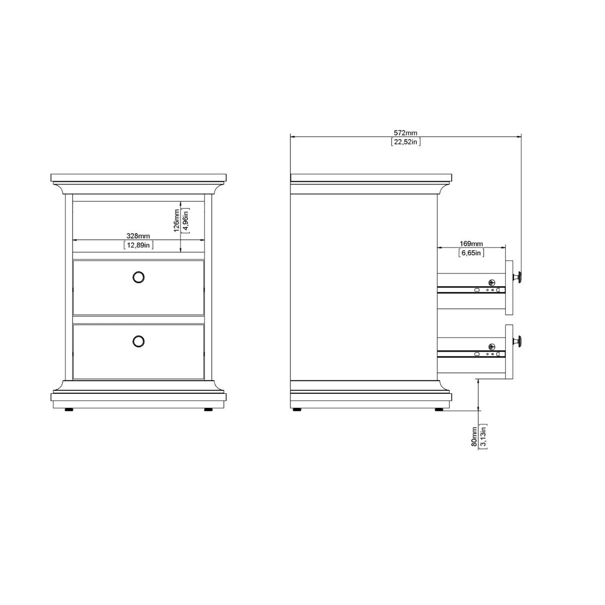 Paris Bedside 2 Drawers in Matt Grey