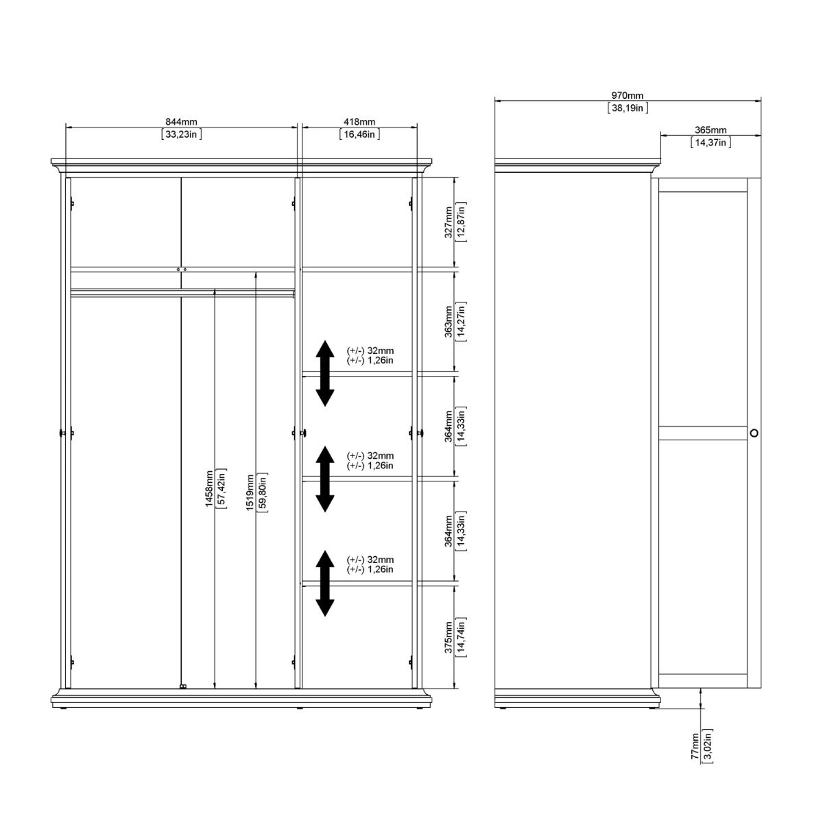 Paris Wardrobe with 3 Doors in White