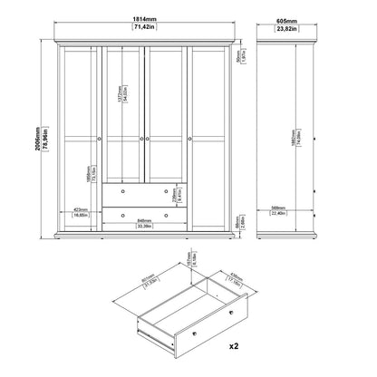 Paris Wardrobe with 4 Doors and 2 Drawers in White