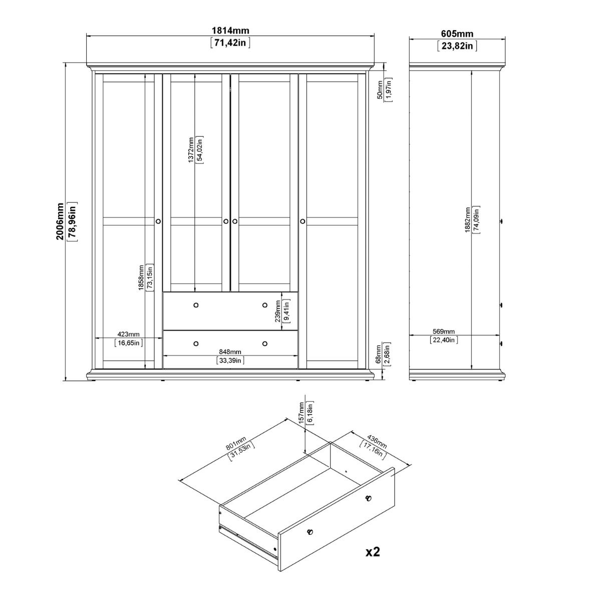 Paris Wardrobe with 4 Doors and 2 Drawers in Matt Grey