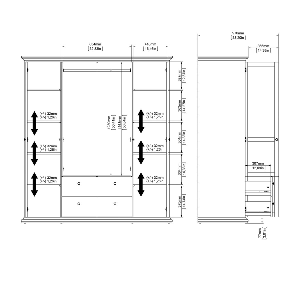 Paris Wardrobe with 4 Doors and 2 Drawers in Matt Grey