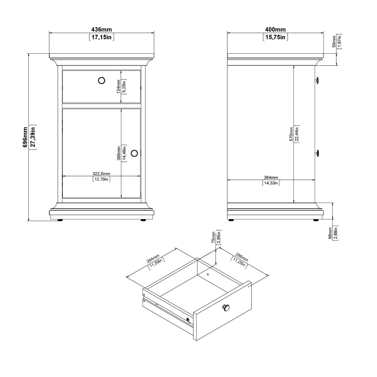 Paris Nightstand 1 Door + 1 Drawer in White