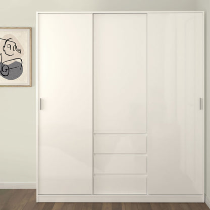 Naia Wardrobe with 2 Sliding Doors 1 Door 3 Drawers in White High Gloss