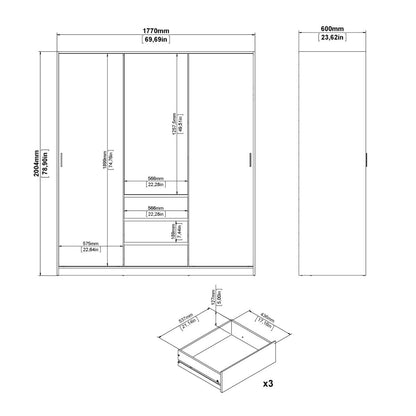 Naia Wardrobe with 2 Sliding Doors 1 Door 3 Drawers in White High Gloss
