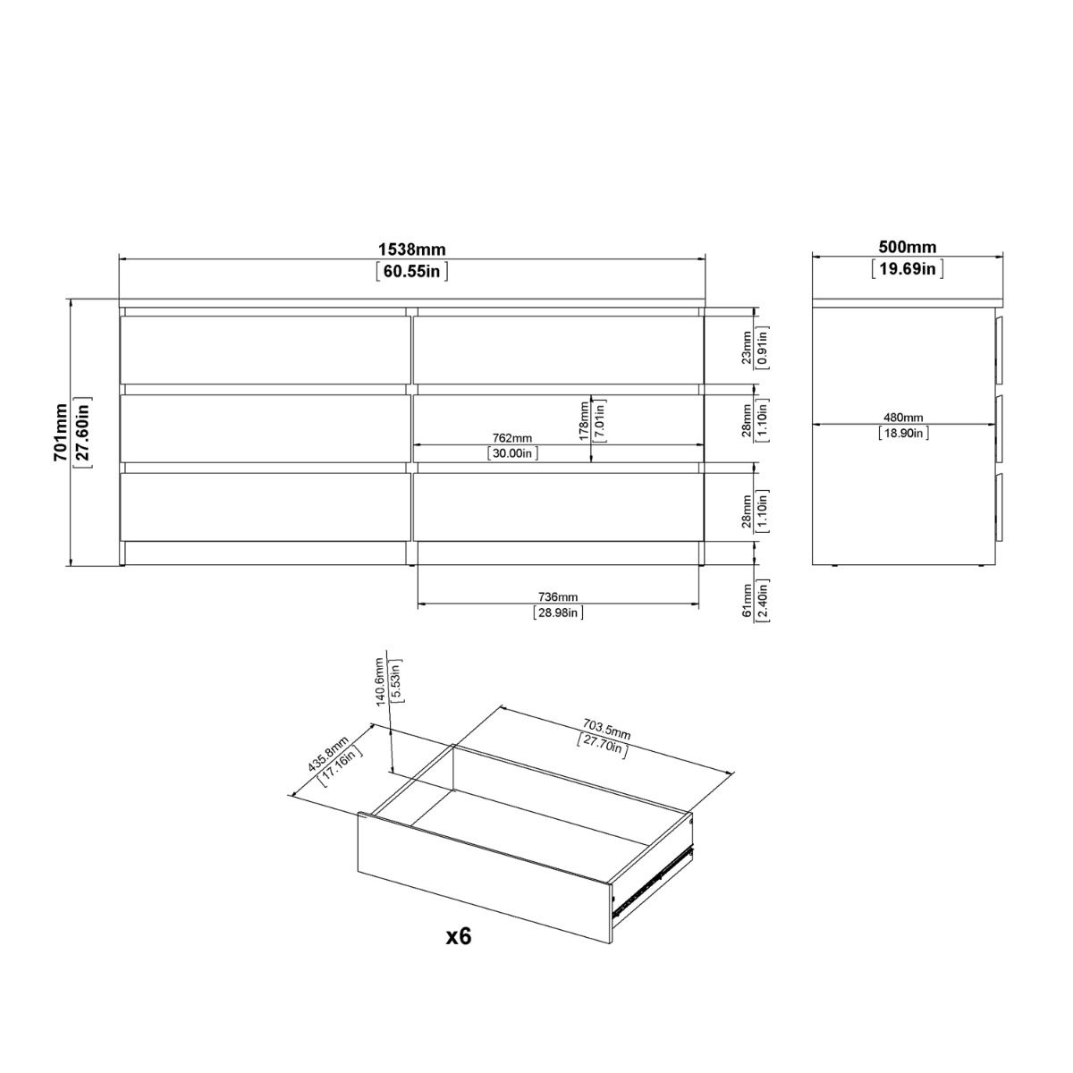 Naia Wide Chest of 6 Drawers in White