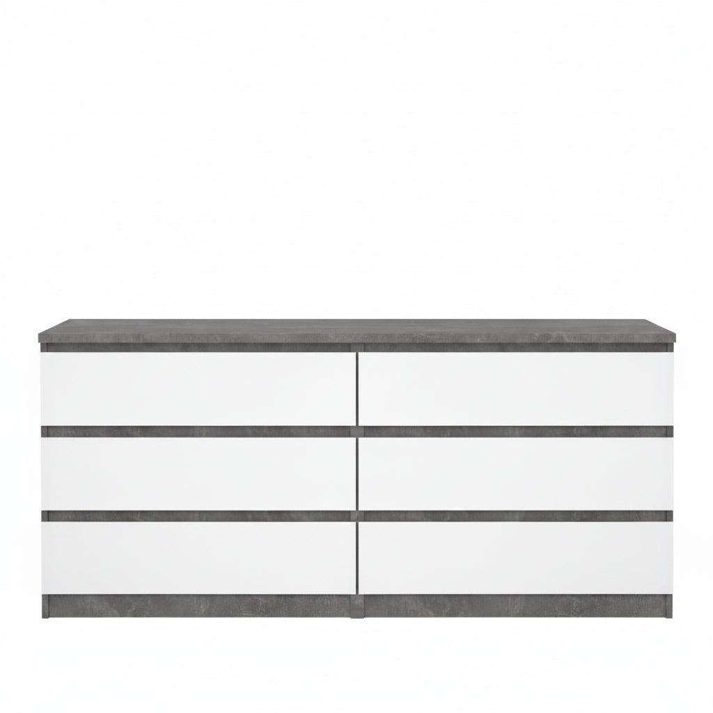 Naia Wide Chest of 6 Drawers in Concrete and White High Gloss
