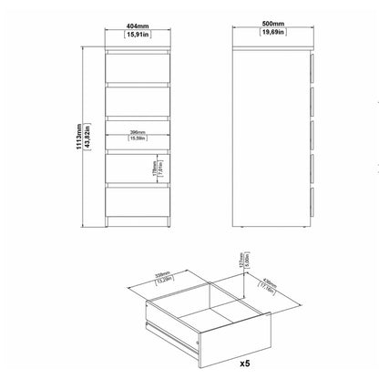 Naia Narrow Chest with 5 Drawers in White High Gloss