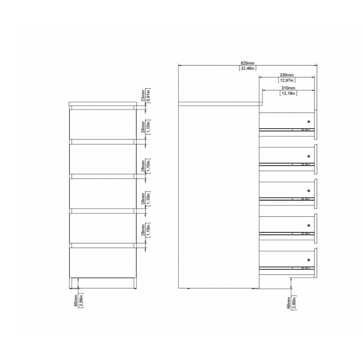 Naia Narrow Chest with 5 Drawers in White High Gloss