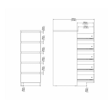 Naia Narrow Chest with 5 Drawers in White High Gloss