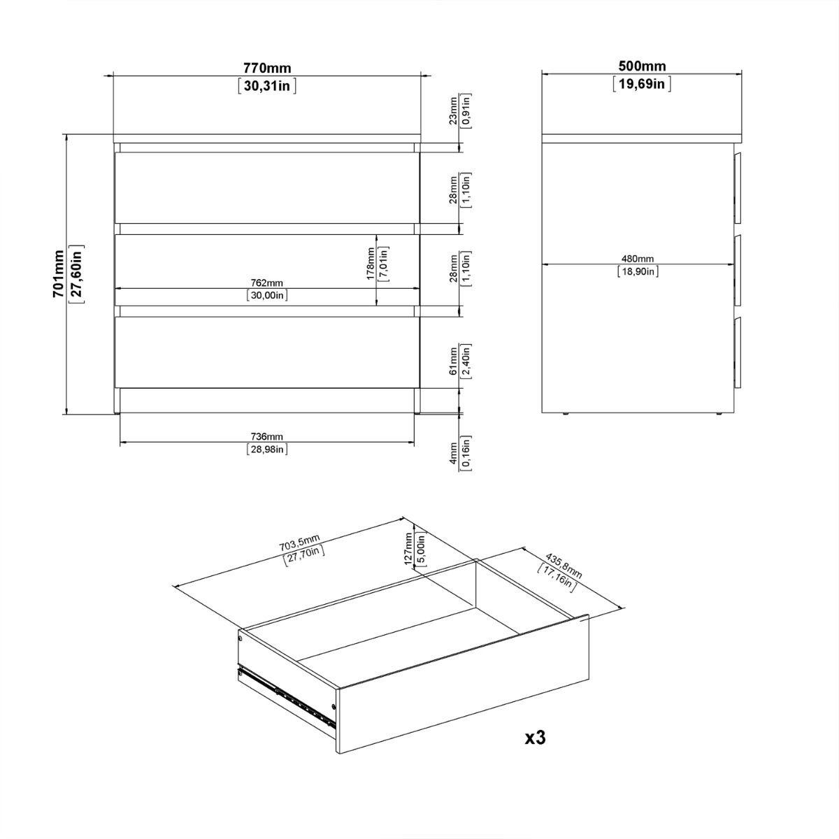 Naia Chest of 3 Drawers in Jackson Hickory Oak