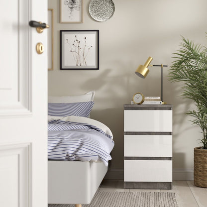 Naia Bedside Table 3 Drawers in Concrete and White Gloss
