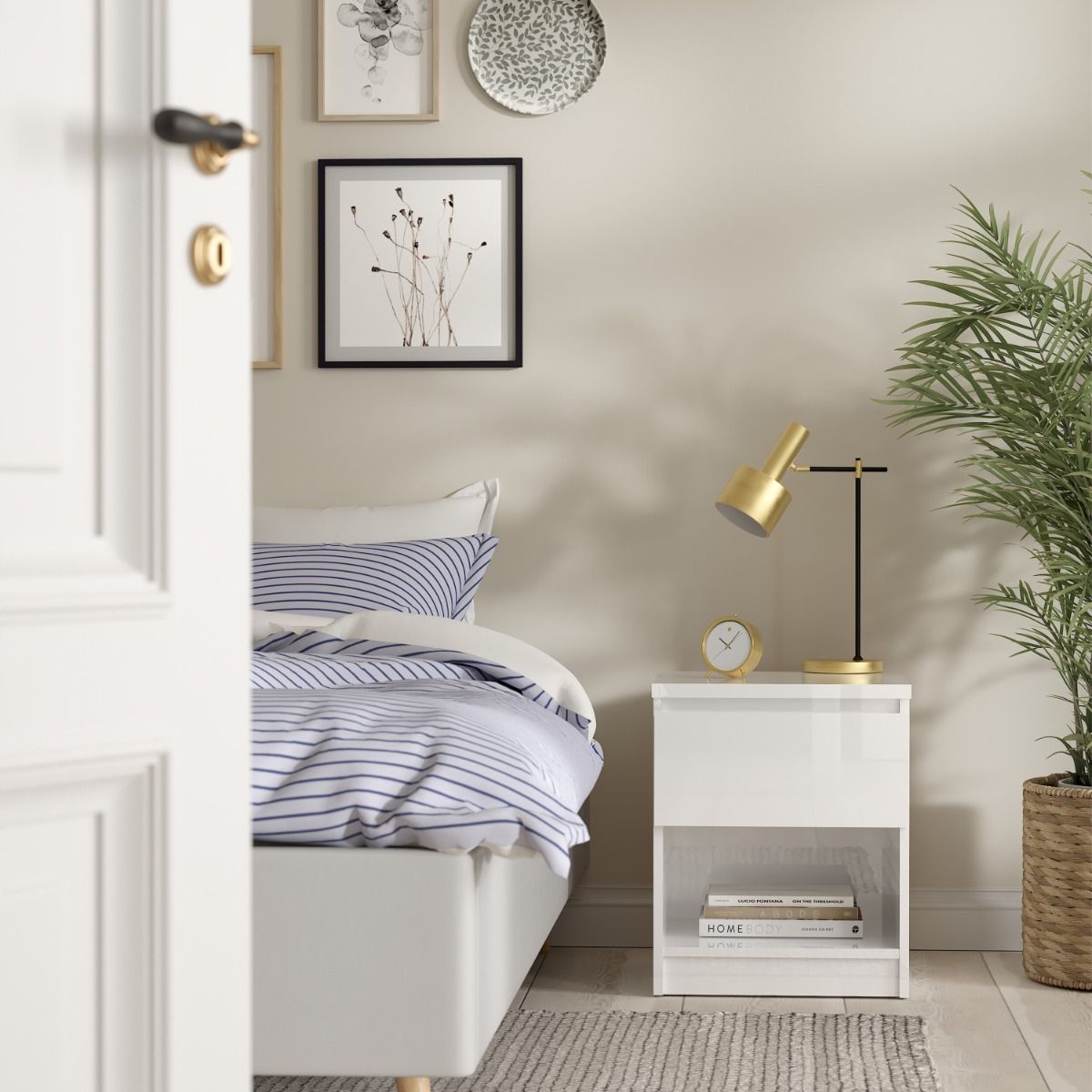 Naia Bedside with 1 Drawer 1 Shelf in White High Gloss