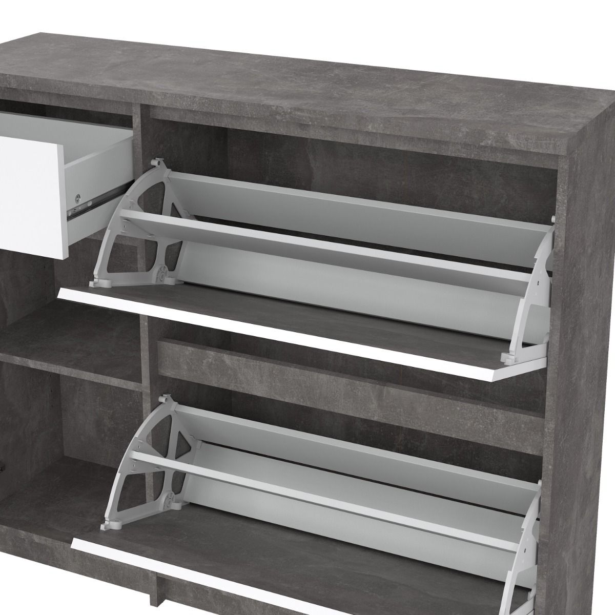 Naia Shoe Cabinet with 2 Flip Down Doors 1 Door and 1 Drawer in Concrete and White High Gloss