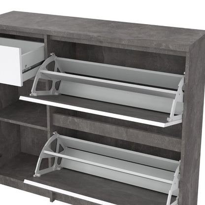 Naia Shoe Cabinet with 2 Flip Down Doors 1 Door and 1 Drawer in Concrete and White High Gloss