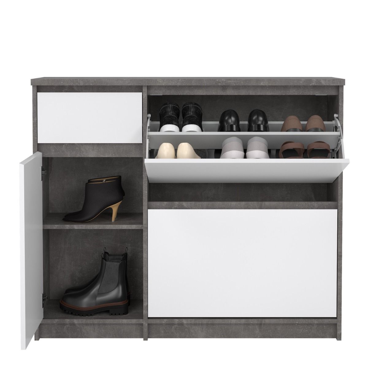 Naia Shoe Cabinet with 2 Flip Down Doors 1 Door and 1 Drawer in Concrete and White High Gloss